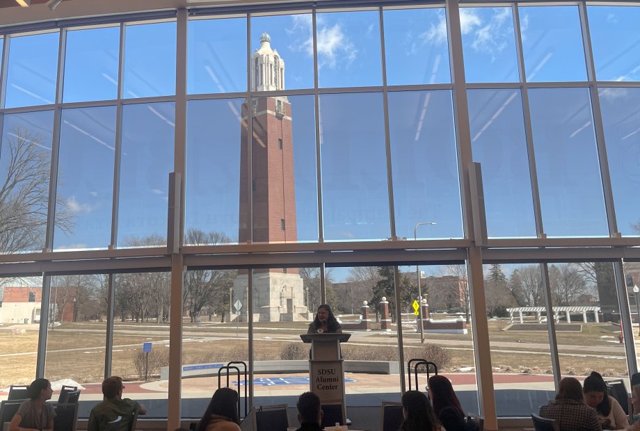 The campanile viewed through windows.