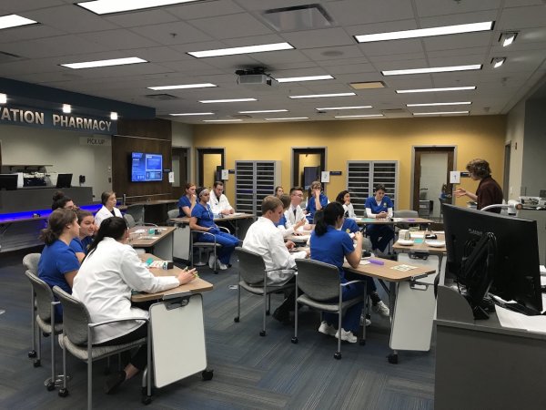 Pharmacy and nursing students learning in lab together