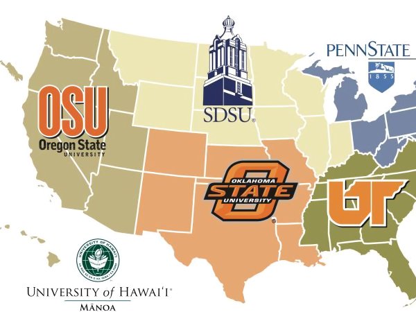 A map of the US, showing the different regions and their regional centers noted by the logo of the universities