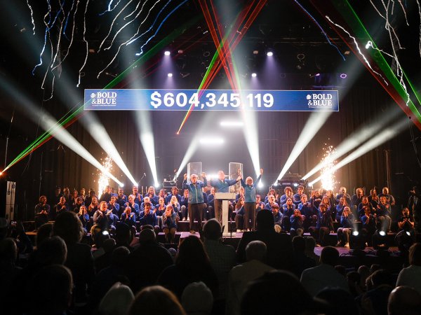 The Bold & Blue fundraising total of $604,345,119 is revealed at a celebration at the Oscar Larson Performing Arts Center at South Dakota State University on April 25.