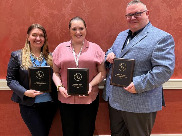 Karla Hunter, Brooke Brown and Josh Westwick with their awards at the Central States Communication Association in Grand Rapids, Michigan. 