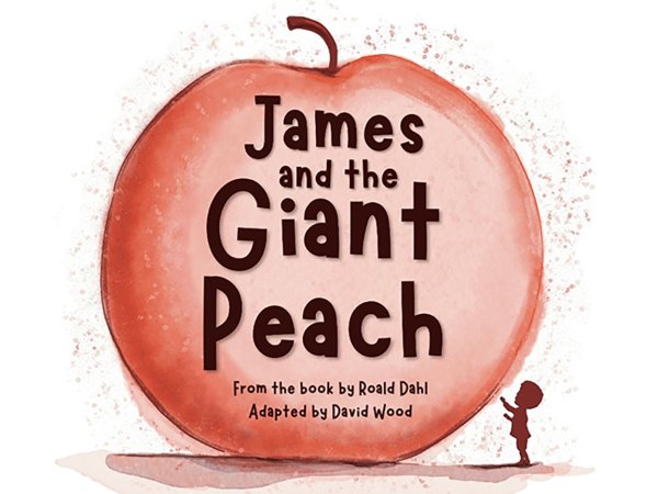 A drawing shows a small child standing next to and looking at a giant peach.