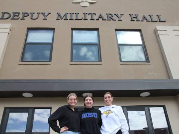 Natvig sisters outside DePuty Military Hall