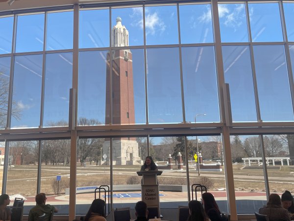 The campanile viewed through windows.