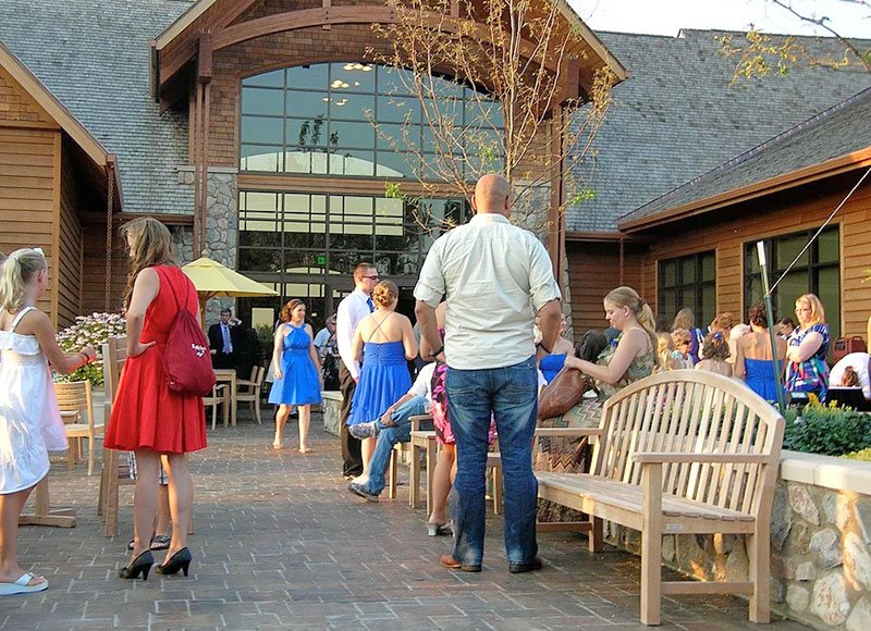 guests mingle in the terrace gardens