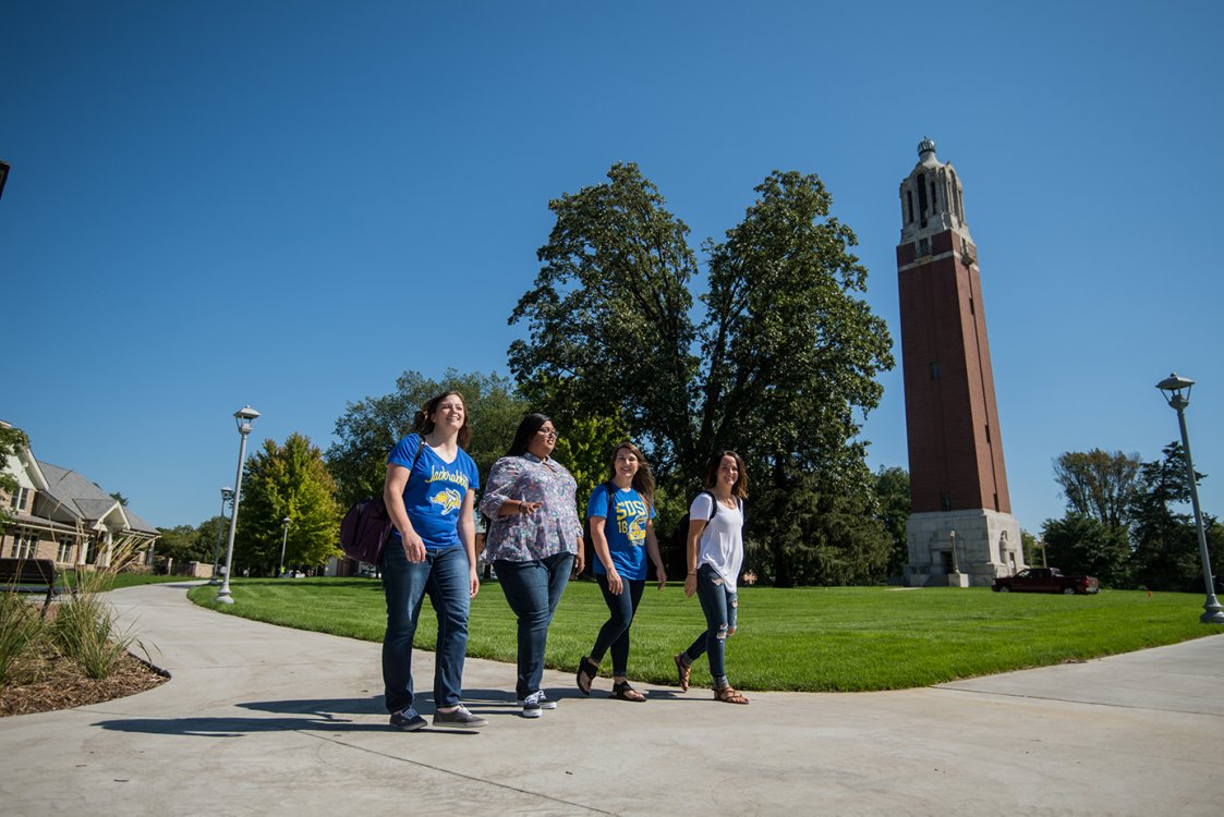 Students walking by Campanille