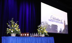 Celebration of Faculty Excellence awards table and display