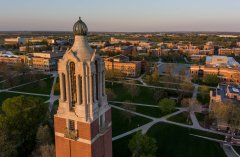 The top of the campanile and an aerial shot of campus