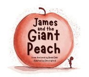 A drawing shows a small child standing next to and looking at a giant peach.