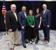 Featured at the event announcing the Mike Huether Public Service Academy were, from left, David Knudson, on behalf of benefactor T. Denny Sanford; benefactors Mike and Cindy Huether, Christine Garst-Santos, director of SDSU's School of American and Global Studies; and Dennis Hedge, SDSU provost and vice president for academic affairs.