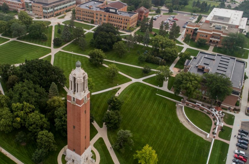 Aerial view of campus from the west during summer.