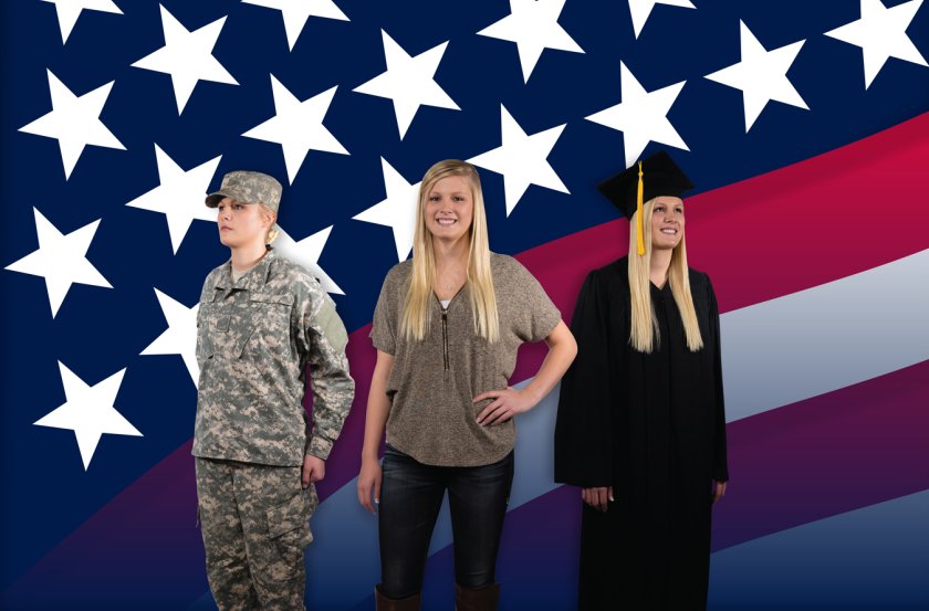 Veteran, Student and a Graduate standing in front of the American flag