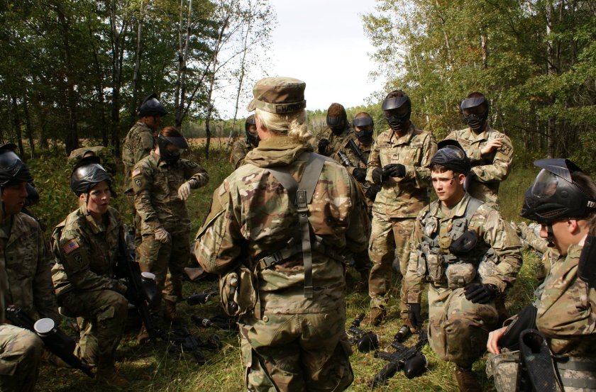 Cadets conducting an After Action Review following a simulated battle.