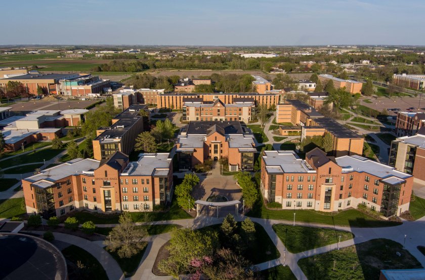 Aerial view of campus buildings.