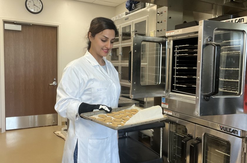 View of a student in the food science lab.