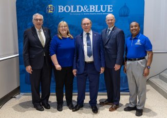 Celebrating the naming of the McComish Department of Electrical Engineering and Computer Sciences were, from left, SDSU President Barry Dunn, Karen and Dick McComish, Dennis Hedge, SDSU provost and vice president for academics affairs, and Sanjeev Kumar, dean of the Jerome J. Lohr College of Engineering.